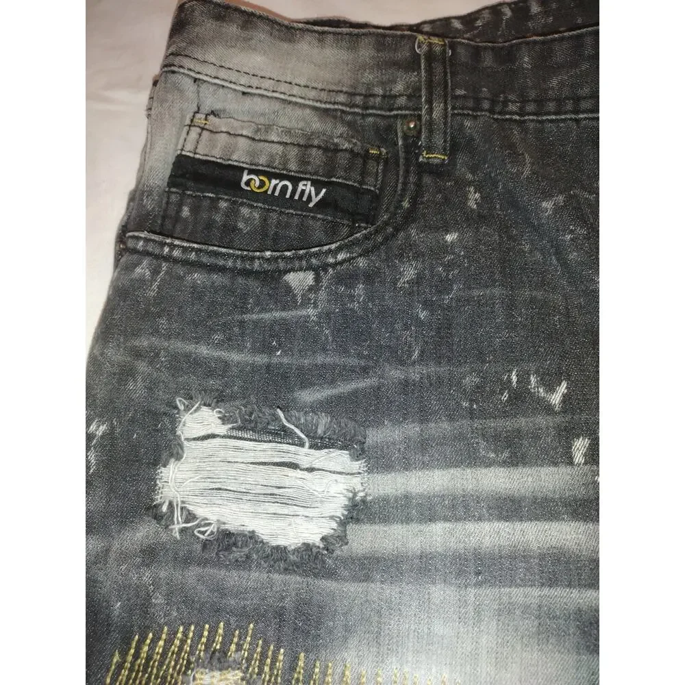 Men's Born Fly Black denim shorts size 40 Anytown Ripped Distressed